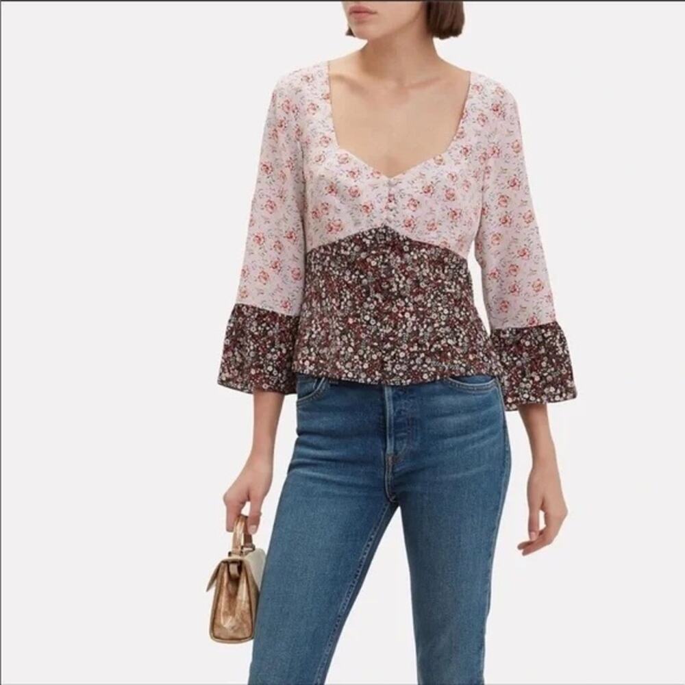 Intermix 100% Silk Floral Peplum Blouse Doryll Bell Sleeve Mixed Print Top Sz 2